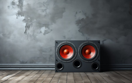3d illustration of red speaker on black background. Music concept.の素材