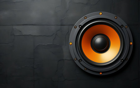 3d illustration of red speaker on black background. Music concept.の素材