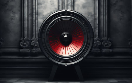 Digital composite of Red speaker in black room with vintage wall and ceilingの素材