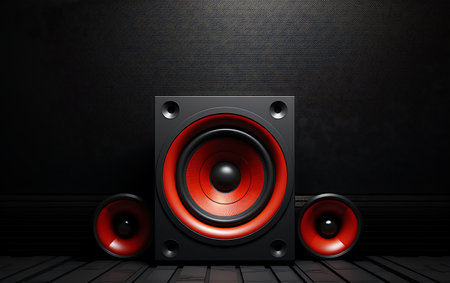 Black loudspeaker with red speaker on wooden floor in dark room backgroundの素材