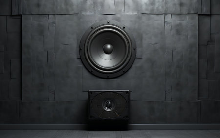 3d rendering of black speaker in a room with concrete wall.の素材