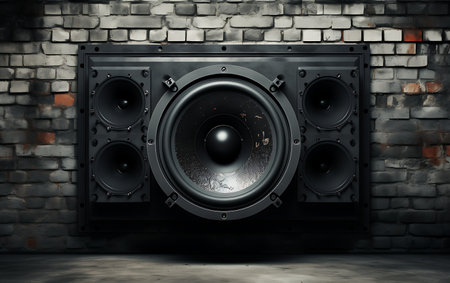 Black speaker on brick wall background. 3d render. music conceptの素材
