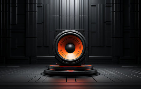 Black and orange speaker on a dark background. 3d rendering.の素材