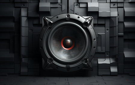Black speaker with red speaker in front of black background. 3D renderingの素材