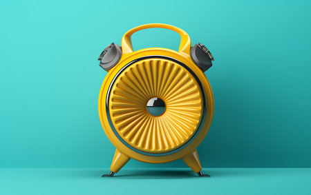 Yellow retro alarm clock on turquoise background. 3d renderingの素材