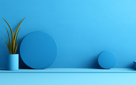 3d rendering of minimal geometric shapes. Blue podium for product presentation. Minimalist background design.の素材