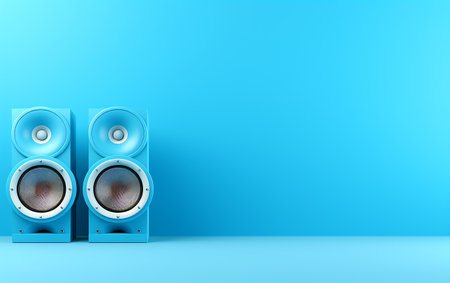 3d render of two blue speakers on blue background with copy spaceの素材