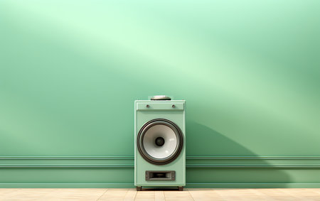 Loudspeaker on green wall background. 3d illustration.の素材