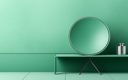 Round mirror on a green shelf in the interior. 3d renderingの素材