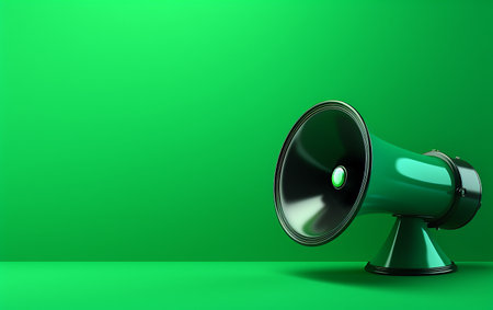 Green megaphone on green background. 3d render illustration.の素材