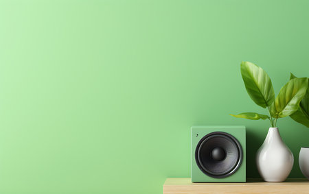 green speaker and plant on wooden shelf in front of green wall. 3d renderingの素材