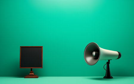 Black megaphone and blank billboard on green wall. 3D renderingの素材