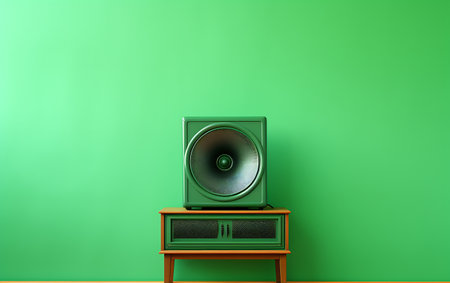 green speaker on a wooden table in front of a green wall with copy spaceの素材