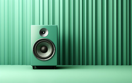 3D Illustration of a Loudspeaker on a Green Backgroundの素材