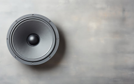 Audio speaker on a gray wall, close-up, copy spaceの素材