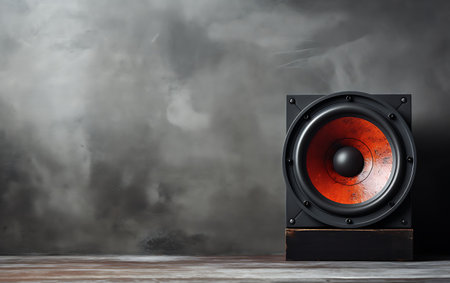 Audio speaker on wooden table with smoke and black background. Copy-space.の素材