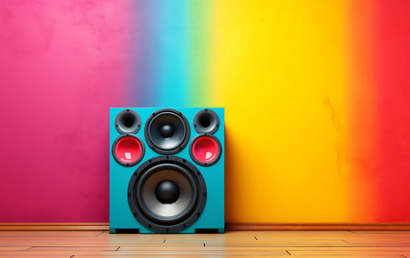 colorful rainbow wall with speakers on wooden floor. 3d illustrationの素材