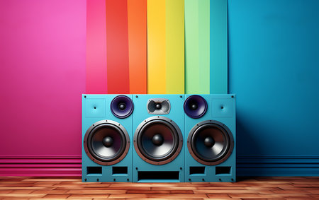 Colorful wall with speakers in room. Music concept. 3d illustrationの素材