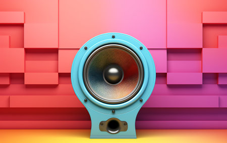 3d illustration of blue sound speaker over colorful background with geometric shapesの素材