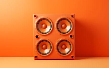 Orange loudspeakers on orange background. 3d render. music conceptの素材