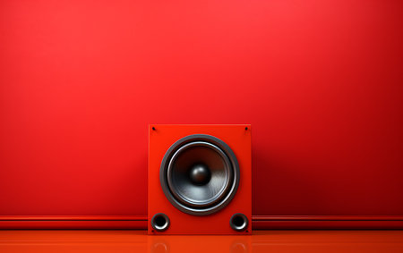 Red loudspeaker on a red background. 3d render illustration.の素材
