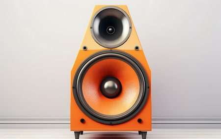 Modern orange loudspeaker in the room. 3d render illustration.の素材