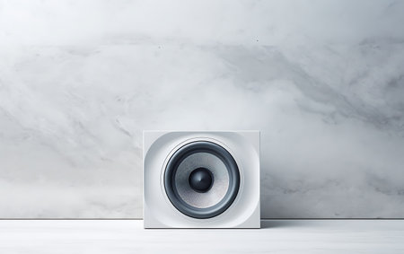 White speaker on a white marble background. 3d rendering mock-upの素材
