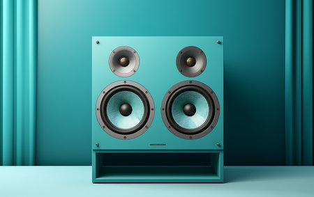 3d rendering of a blue speaker in front of a green curtainの素材