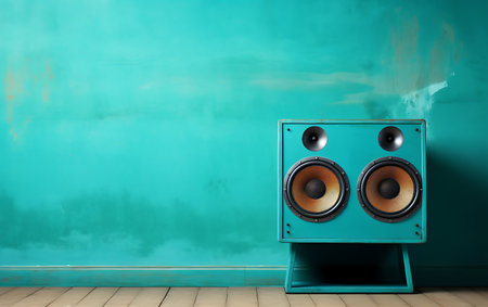 blue loudspeakers on the turquoise wall background, music conceptの素材