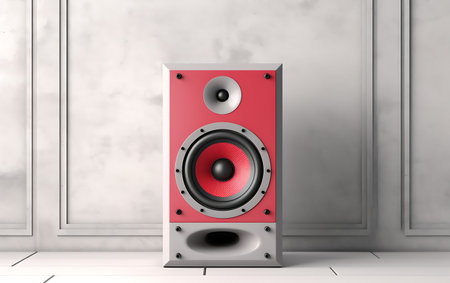 3d render of a red speaker in a room with a gray wallの素材