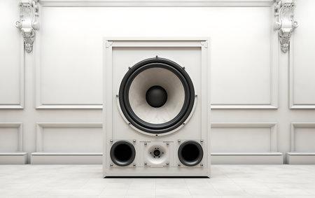 Modern loudspeaker on white wall background. 3d render illustration.の素材