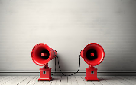 Two red loudspeakers in empty room, 3d render illustration.の素材
