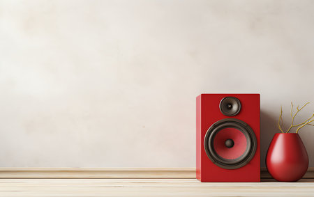 Red speaker with red vase on wooden floor. 3D renderingの素材