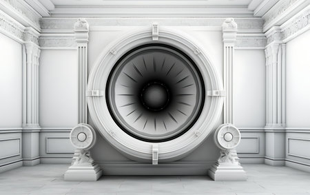 3d rendering of an ancient safe in a white room with columnsの素材
