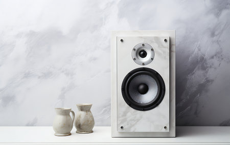 White speaker and two ceramic vases on a white shelf against a marble wallの素材