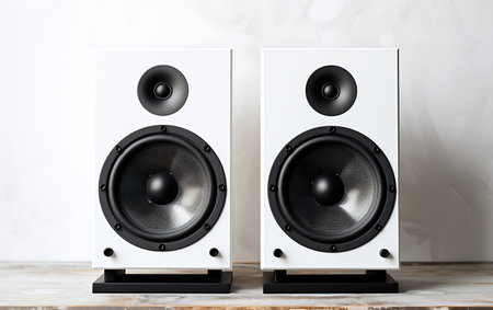 Two speakers on a white background. Music concept. Front view.の素材
