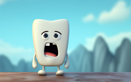 tooth character in front of a mountain landscape. 3d renderingの素材