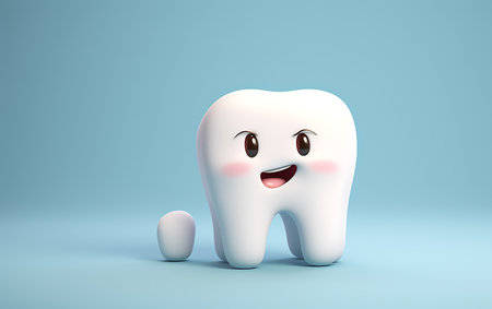 Cute cartoon tooth character on plain background. 3D Renderingの素材