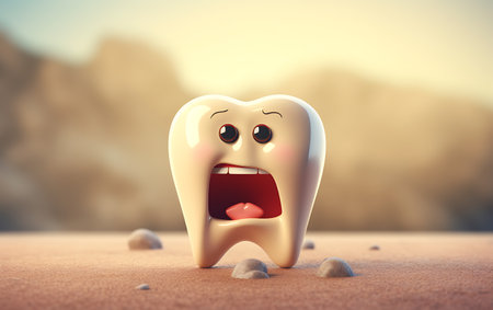 Cute cartoon tooth character on plain background. 3D Renderingの素材