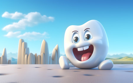 Cute cartoon tooth character on blue background. 3D Renderingの素材