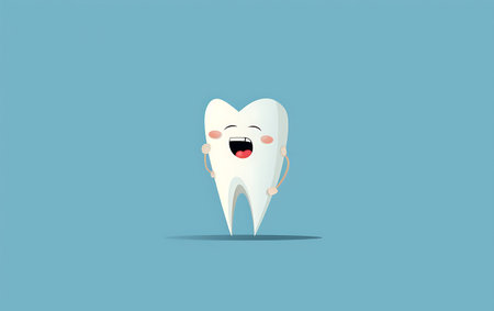 Cute cartoon tooth character on blue background. 3D Renderingの素材