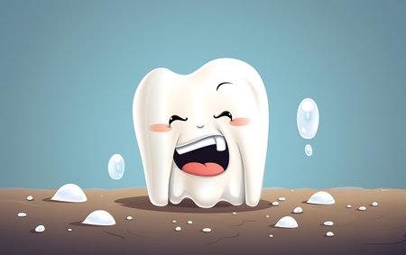 Cute cartoon tooth character on blue background. 3D Renderingの素材