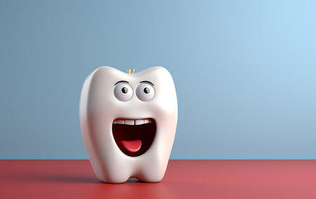 Cute cartoon tooth character on blue background. 3D Renderingの素材
