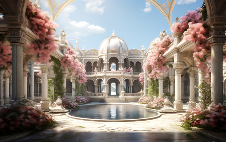 Illustration of a beautiful nature background with a path in the parkの素材