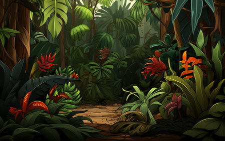 Illustration of a tropical jungle with a red flower in the middleの素材
