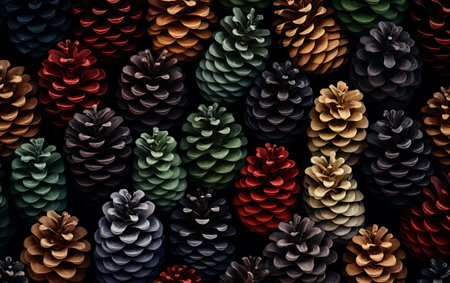 Colorful pine cones on black background. 3d render illustration.の素材