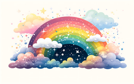 Vector illustration of hand drawn elements in childish style. Colorful set of clouds, rainbows, stars, sun and other elements.の素材