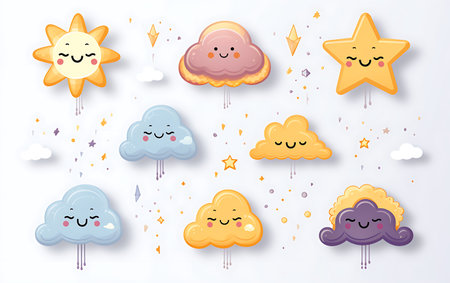 Vector illustration of hand drawn elements in childish style. Colorful set of clouds, rainbows, stars, sun and other elements.の素材