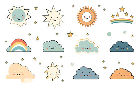 Set of cute kawaii clouds, sun, moon, stars. Vector illustration.の素材