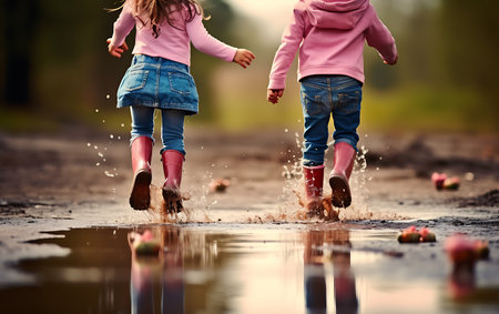 Close-up of two little girls in rubber boots playing in puddleの素材